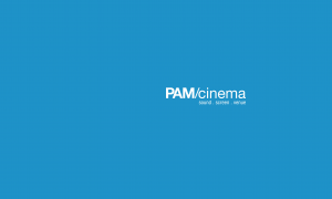blaue Tafel mit PAMcinema Schriftzug-Logo